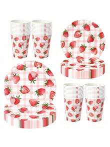 10pcs/20pcs/30pcs/60pcs/Set,Strawberry Plate And Cups Tableware Set, 9 Inch 7 Inch Plate Cup Set, Party Birthday Supplies, Strawberry Cake Birthday Decorations For 10-20 Guests