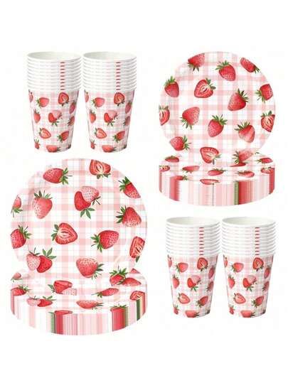 10pcs/20pcs/30pcs/60pcs/Set,Strawberry Plate And Cups Tableware Set, 9 Inch 7 Inch Plate Cup Set, Party Birthday Supplies, Strawberry Cake Birthday Decorations For 10-20 Guests