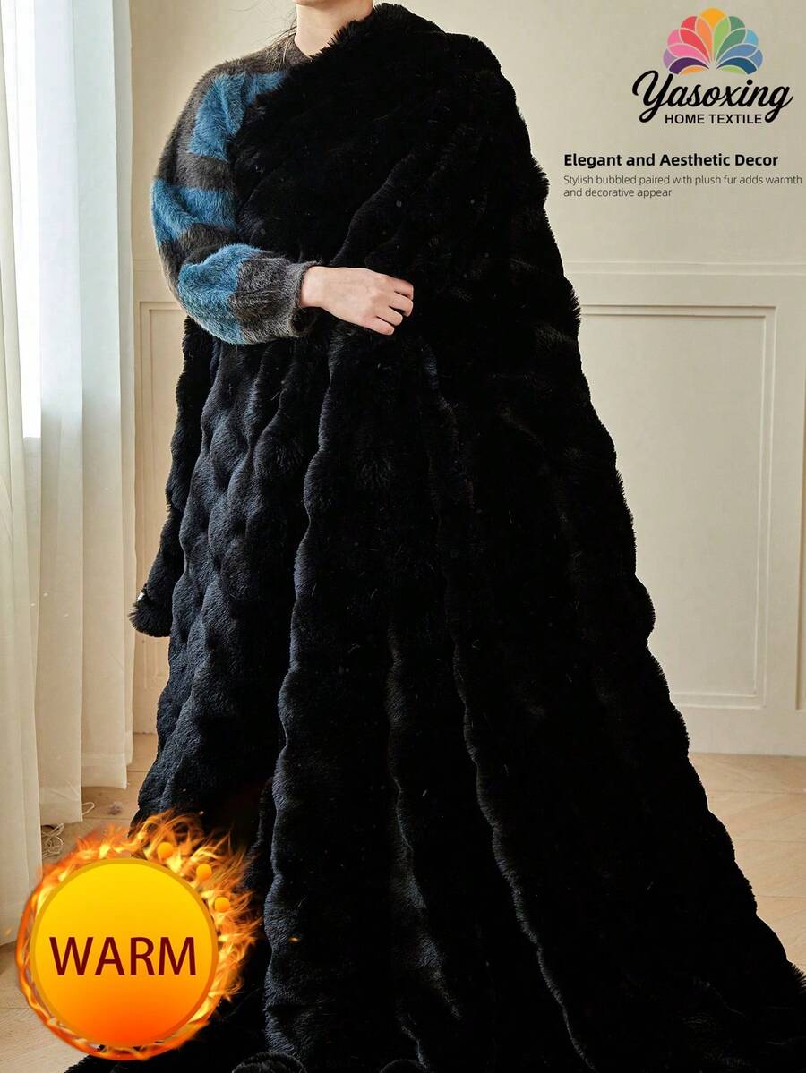 黑色舒适仿毛皮毯，柔软保暖，奢华风格，适用于客厅、卧室、沙发等场所。提供大号、单人、特大号尺寸。奢华蓬松长绒毛毯，柔软舒适，适合居家、宿舍、返校等多种场合。 - 黑色 - 查看 1