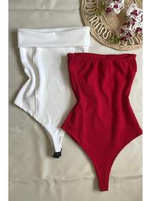 Kit Two (2) Women's Strapless Bodysuits Versatile Elegant Comfortable Spring Summer - Red and White - View 5