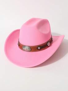 1pc Women's Fashion Solid Color Brim Felt Hat, Paired With Wide Silver Cowhead Belt Decor, Unique Western Cowboy Hat, Versatile For All Seasons, Outdoor Party & Casual Wear, Unisex