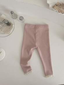 Newborn Baby Girls Solid Color Lace Trim Elastic Leggings, Spring/Autumn - Pink - View 10