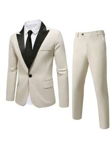 Men's Classic Contrast Color Suit Set, Including Jacket And Pants, Enjoy A Premium Wearing Experience, Suitable For Spring And Autumn - Beige - View 5