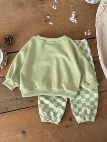 2pcs/Set Baby Boy Casual Solid Color Crew Neck Long Sleeve Sweatshirt And Checkerboard Long Pants, Spring/Autumn - Green - View 4