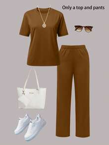 Women's Casual Solid Color Round Neck Short Sleeve Top And Elastic Waist Pocket Wide Leg Straight Pants 2 Piece Set, Lightweight Non-Sheer Polyester Fabric, Spring/Summer/Autumn - Brown - View 3