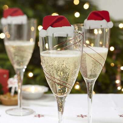 10pcs Christmas Hat Wine Glass Decorations, Suitable For Party Supplies, Tableware, Christmas