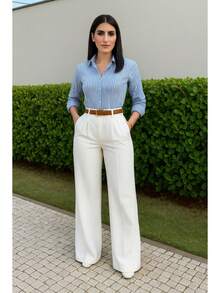 Executive Elegance Set, Wide Leg Pants, Striped Dress Shirt, Authority Look For Women - 白褲子藍條紋襯衫 - 查看 2