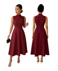 Women's Elegant Evangelical Sleeveless Midi Dress, High Neck With Side Buttons, Chic Tailoring, Casual And Party Wedding Dress - 酒紅色 - 查看 5