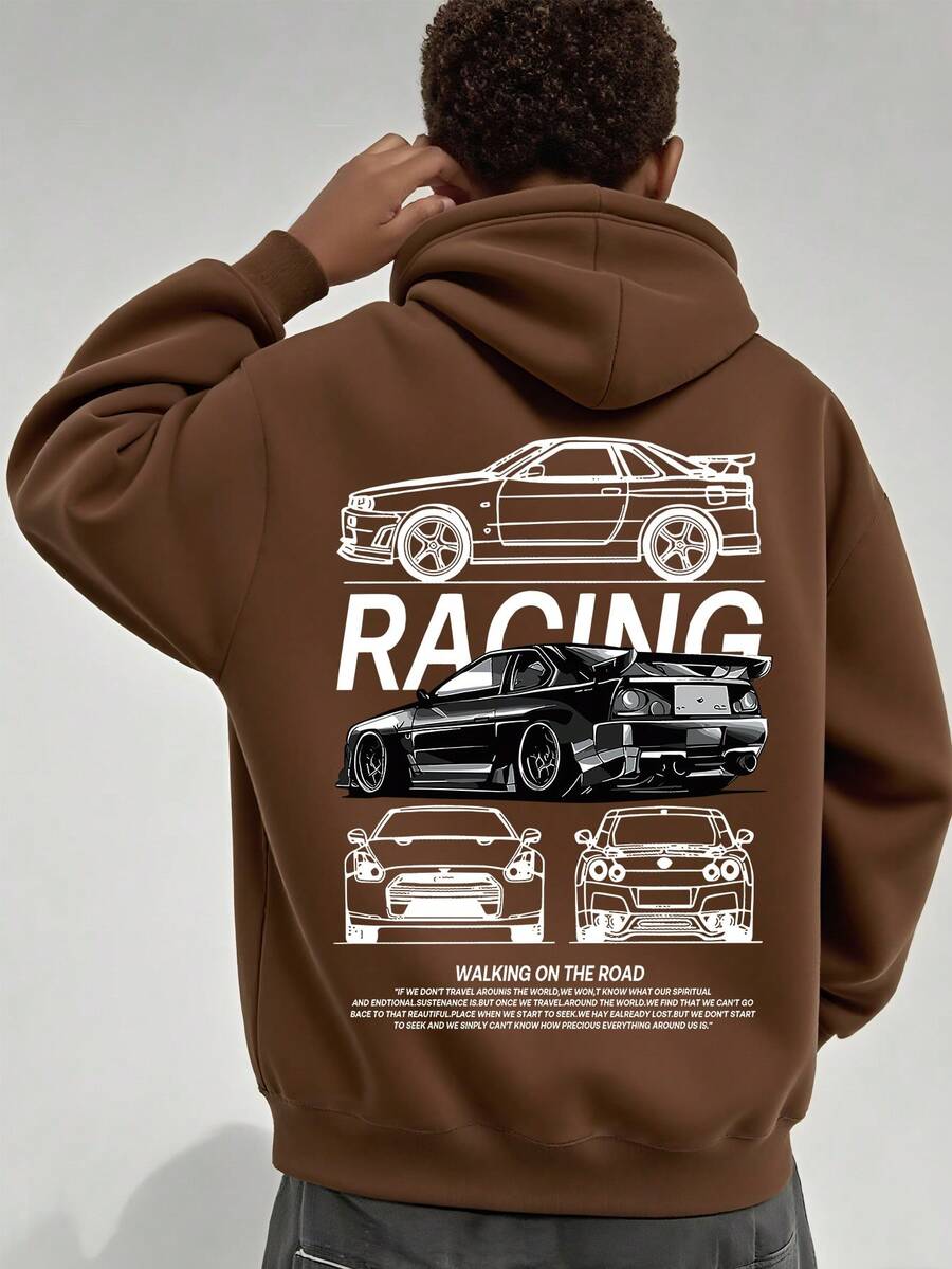 1件青少年男童赛车元素印花棕色卫衣，柔软舒适，非常适合春秋季日常外出穿着。