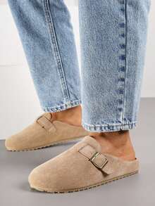 Faux Suede Mule Sandals With Buckle Strap - Beige - View 2