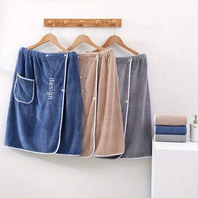 Men's Wearable Bath Towel, Embroidered Bath Skirt With Pocket, Soft Coral Fleece Absorbent Shower Skirt, Plain Color Bath Wrap Towel For Bathroom, Bathroom Supplies, Men's Sauna Kilt Spa Sauna Wrap