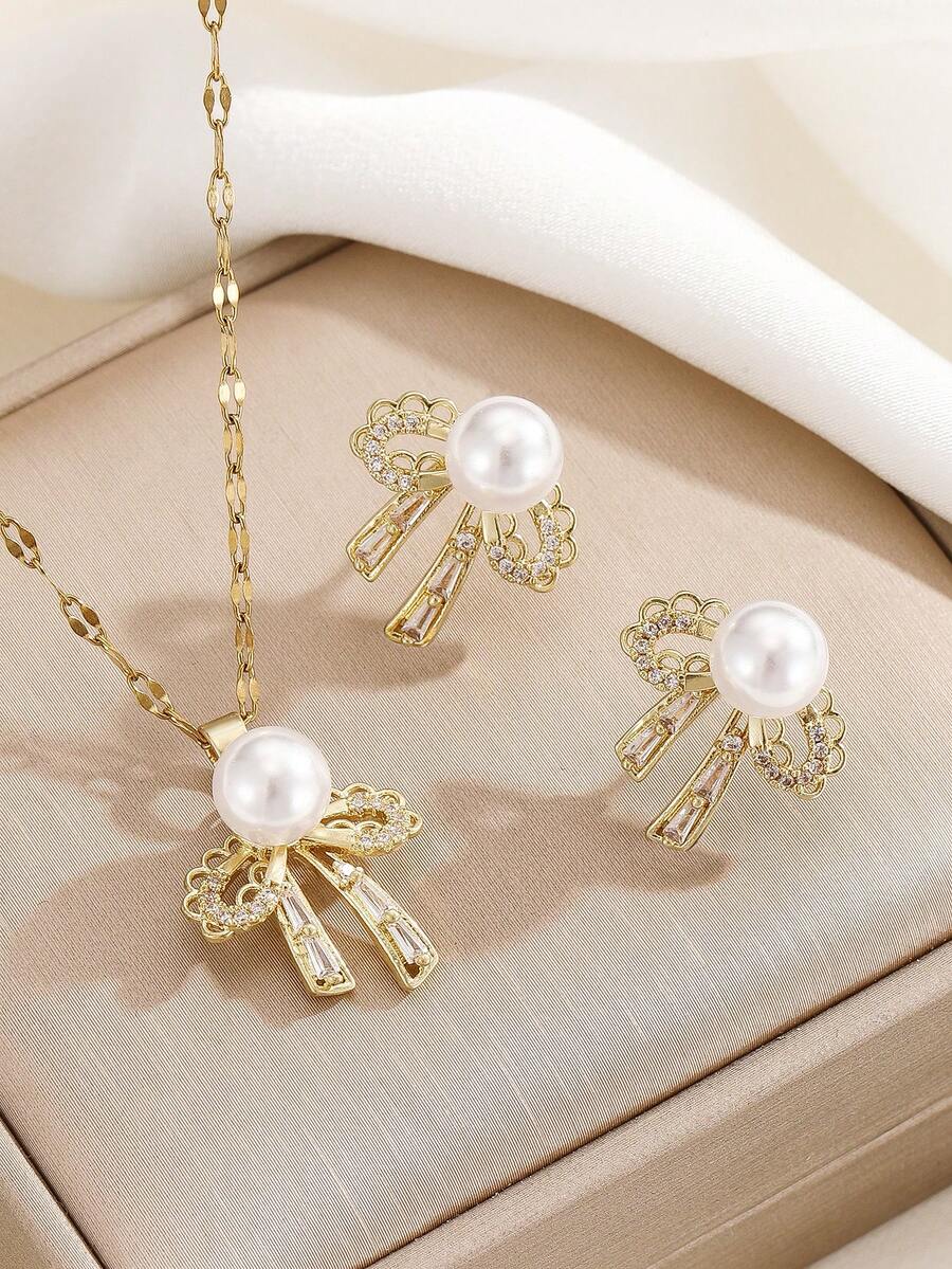 1 pieza Conjunto de collar con colgante de mariposa y aretes de acero inoxidable con circonita cúbica y perla falsa, diseño de lujo versátil micro-incrustado personalizado para fiesta, joyería de regalo