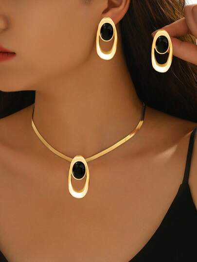 3pcs Necklace + Earrings Jewelry Set, Metal Geometric Asymmetrical Oval Golden Pendant With Black Acrylic Color Block Design,