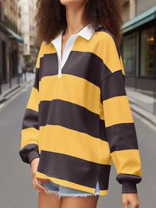 Y2k Women Striped Rugby Polo Shirt Long Sleeve Collared Oversized Vneck Sweatshirt Vintage Jersey Girls Streetwear - 黃色 - 查看 2
