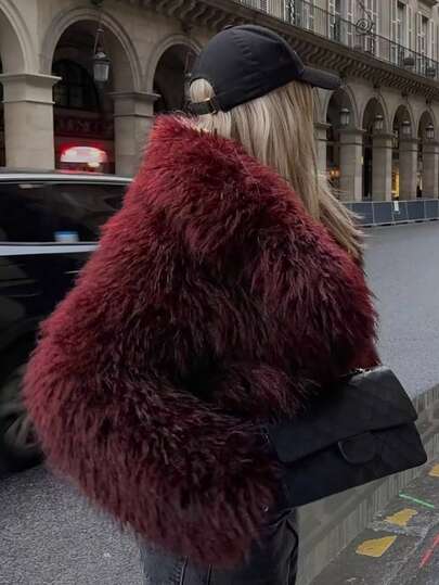 Abrigo largo de manga larga con cuello oversize de piel sintética elegante para mujer en otoño/invierno