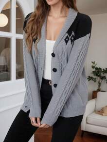 Damen Gerippter Strick-Knopfkardigan mit Zopfstrick-Ärmeln und Rautenmuster, Langarm-Strickpullover, geeignet für den Herbst - Grau - Übersicht 5