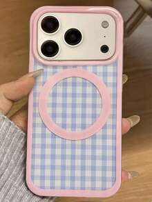 Funda de teléfono magnética con estilo simple de patrón de cuadrícula a cuadros, compatible con iPhone 17 Pro Max, 17 Pro, 17, 16 Pro Max, 16 Pro, 16, 15 Pro Max, 15 Pro Max, 15 Pro, 14 Pro Max, 14 Pro, 13 Pro Max, 13, 12 Pro Max, 12, 11, con color contrastante y carga inalámbrica suave - cuadros azul pálido - Ver 2