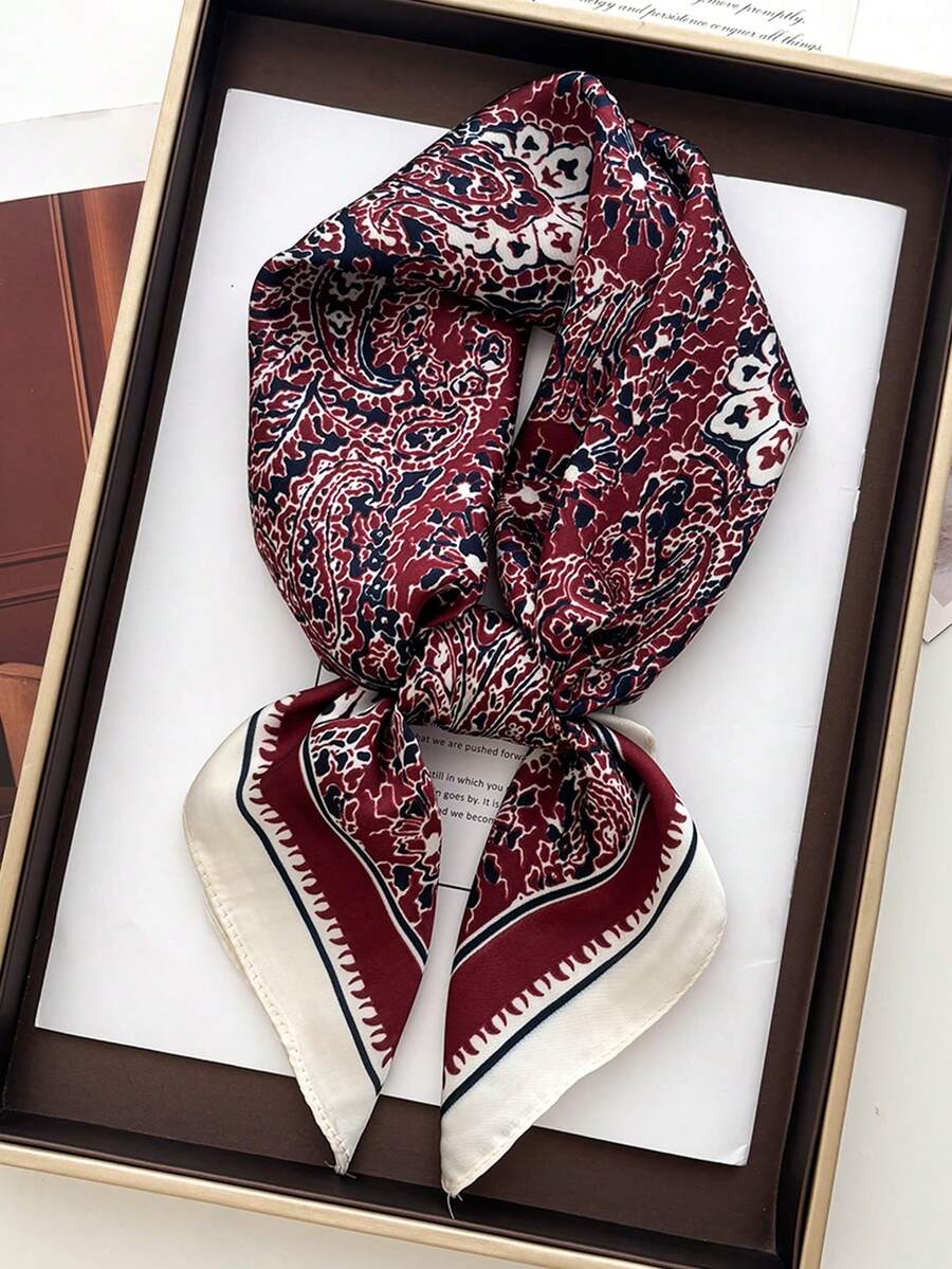 1条女士几何印花头巾，真丝发带，颈巾，适合日常搭配服饰 - 紅色 - 查看 1