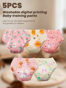 5pcs Washable Digital Print Potty Training Pants, Unisex Baby/Toddler Reusable Toilet Training Underwear