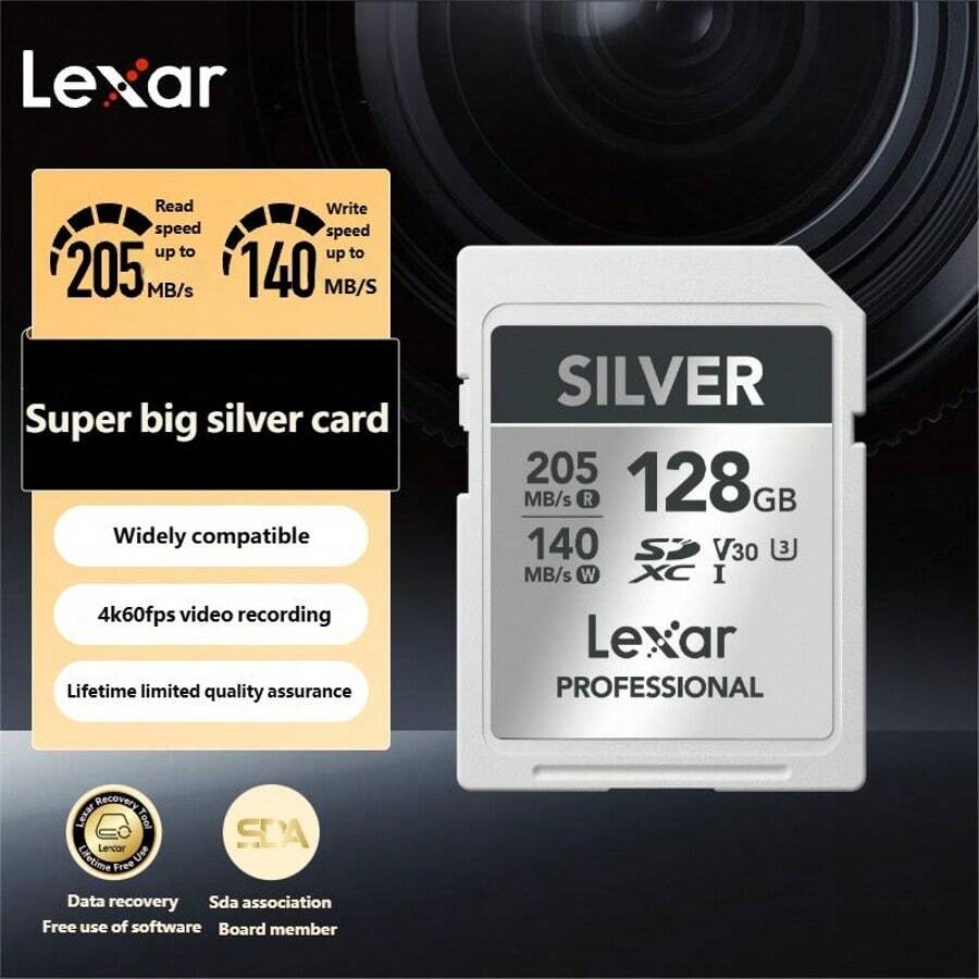 Thẻ SD Lexar, Thẻ nhớ máy ảnh, Thẻ lưu trữ máy ảnh DSLR 4K tốc độ cao, Dòng SilverPlus, BẠC 128GB, Tốc độ đọc 205MB/giây, Tốc độ ghi 140MB/giây, Thẻ SD