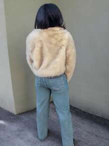 Steph T Women's Solid Color Long Sleeve Casual Fluffy Jacket - Khaki - View 4