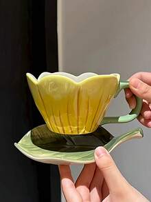 1 套陶瓷花形咖啡杯碟，优雅的花叶设计杯碟套装，高品质拿铁/茶杯，适合家庭、聚会、派对、礼物、万圣节、圣诞节 - 彩色 - 查看 5