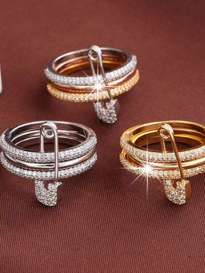 18K Gold Plated Elegant Detachable Three-Color Pin Satckable Rings Set For Women, Cubic Zirconia-Perfect For Party, Anniversary And Daily Wear
