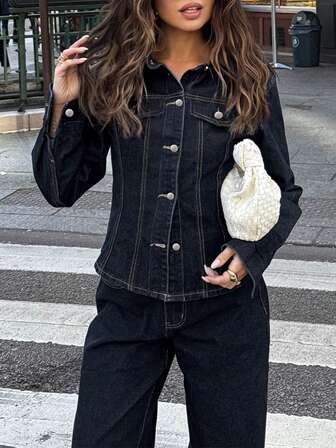 2 pezzi/Set Completo casual in denim lavato scuro da donna, stile europeo alla moda