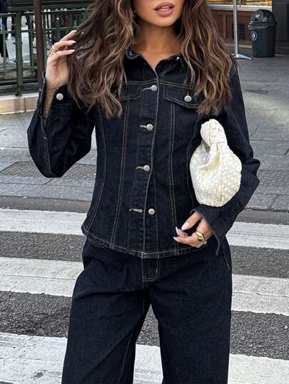 2 Stücke/Set Damen Casual dunkelgewaschenes Denim-Set aus Top und Hose, modischer europäischer Stil für den Frühling