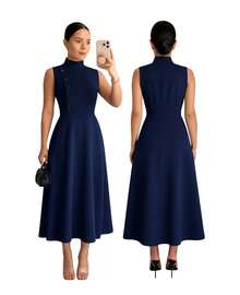 Women's Elegant Evangelical Sleeveless Midi Dress, High Neck With Side Buttons, Chic Tailoring, Casual And Party Wedding Dress - Màu xanh hải quân - Xem 6