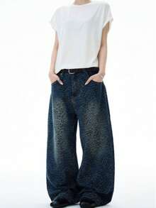 American Gradient Leopard Print Loose Straight Leg Pants For Boys, Niche Hip-Hop Retro Wide Leg Color Blocked Jeans