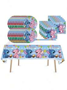 Disney 41 件史迪奇主题生日派对用品，20 个盘子，20 张餐巾和 1 块桌布，非常适合粉丝举办派对 - 彩色 - 查看 5