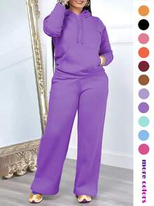 女士休闲两件套，纯色优雅长袖连帽卫衣（带抽绳口袋）搭配直筒抽绳长裤，春季套装 - 紫色 - 查看 3