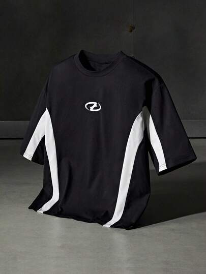 年轻男士休闲宽松针织短袖拼布 T 恤，夏季，街头潮流