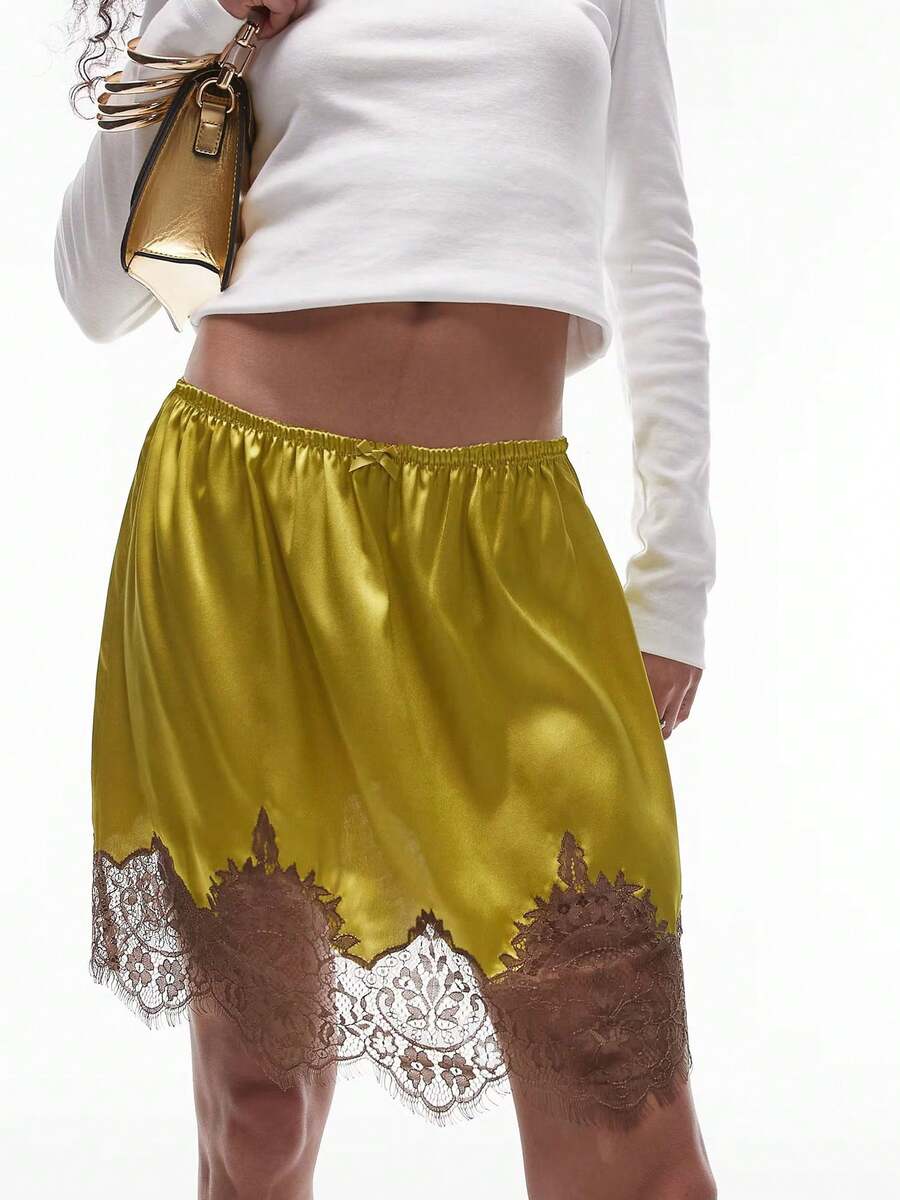 Women Satin Silk Lace Skirt Low Waist Y2k Lace Trim Slip Skirts Coquette A Line Silky Underskirt - 芥末黃 - 查看 1