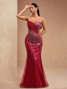 Elisanya AMILUCK New Luxury High-End Sequin & Beaded Lace Patchwork Bust Boned Mesh Ruffle Decor Sweetheart Mermaid Tail Dress - Burgundy - View 5
