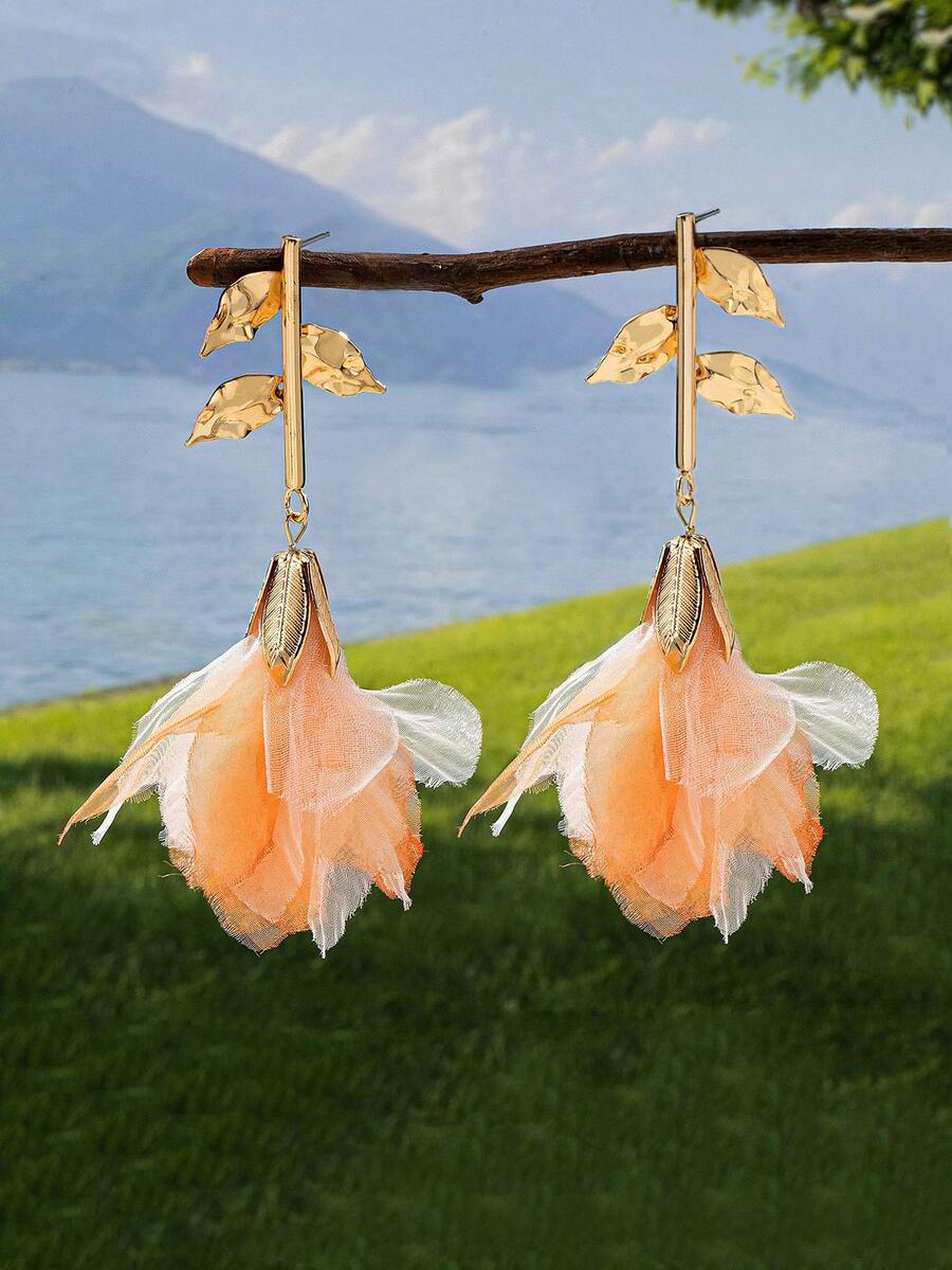 2 件时尚奢华流苏花耳环，适合女性在音乐节和派对上佩戴 - 橘色 - 查看 1