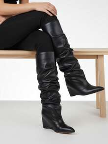Fall/Winter Knee High Boots For Women Pleated Shoes Pointed Toe Solid Color Side Zipper Wedges High Heels Fashionable Outdoor Party Boots Black Shoes Halloween Easter Motorcycle Shoes - 黑色 - 查看 5