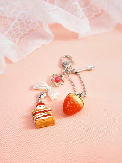 Hatastic Y2K水晶釉蛋糕吊坠，金色心形搭扣蝴蝶结装饰，草莓爱好者女士包包挂饰/配饰圣诞礼物