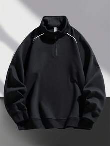 Men's Casual Solid Color Versatile Quarter Zip Sweatshirt, New Season, For Fall, Long Sleeve Top - Black - View 1