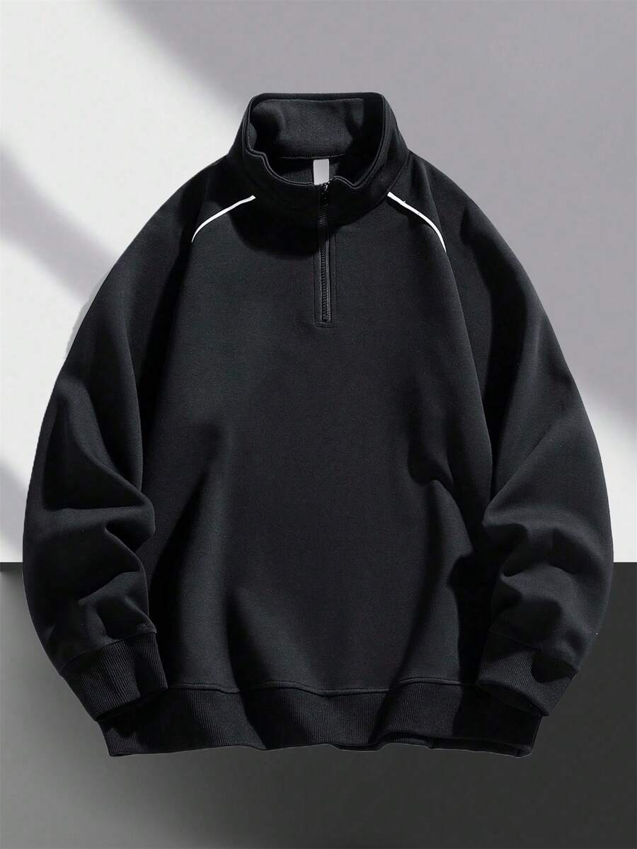 Men's Casual Solid Color Versatile Quarter Zip Sweatshirt, New Season, For Fall, Long Sleeve Top - Black - View 1