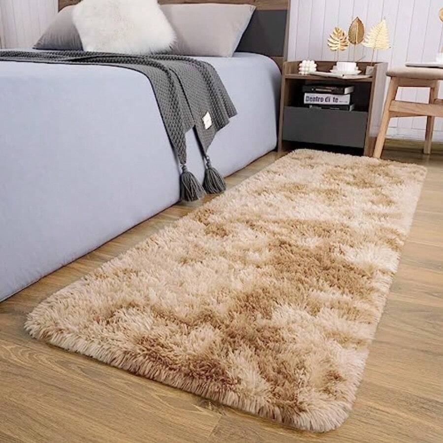 Runner Rug For Bedroom 2x6 Feet Soft Shaggy Area Rugs Fluffy Carpet For Hallway Bedside Upgrade NonSlip Shag Plush Rug For Dorm Living Room TieDyed Light Grey - 2' X 6' (Runner)+Tie-dyed Camel - View 1