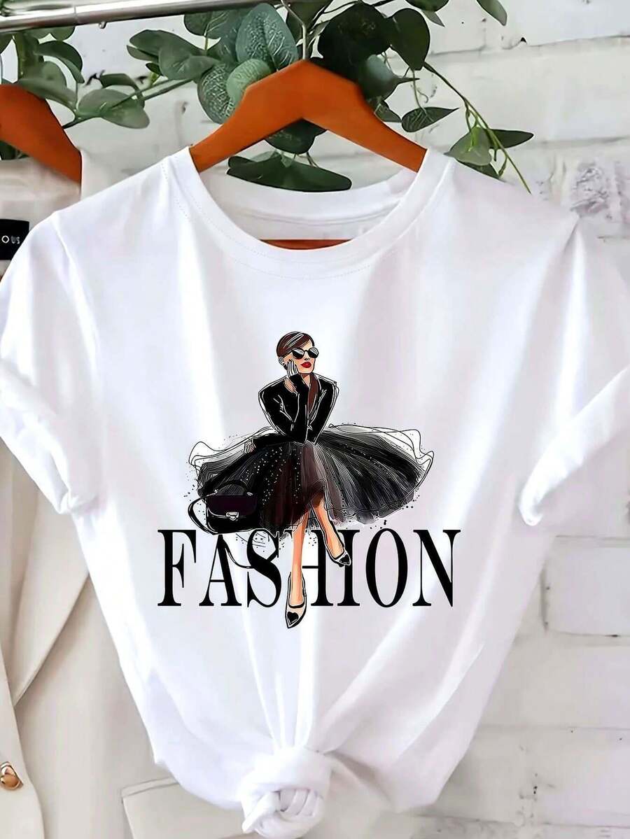 Femmes à la Mode Chic Lady Graphique T-Shirt Décontracté - Cou, Manches Courtes, en Coton Tricot Haut, 200gsm, en Toute Saison à l'Usure, Blanc avec Impression en Noir