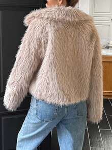 女士冬季优雅简约长袖皮草外套，保暖百搭气质 - 卡其色 - 查看 2