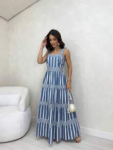 15 Striped All-Over Print Ruched Fabric Ruffle Hem Wedding Dresses - Mint Blue - View 4