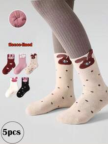 5 perechi de șosete calde pentru copii, șosete termice cu căptușeală de iepure drăguț cu desene animate, groase pentru toamnă/iarnă