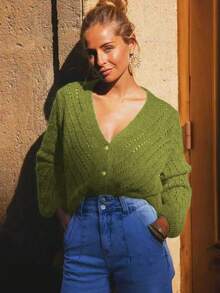 Solid Color Cardigan Long Sleeve Knit Sweater Jacket, Autumn/Winter