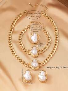 1 Set Barock Perlen Metall Anhänger Y-Kette Set, Vintage einzigartiger Metallstil, hochwertiges Halskette, Armband, Ring - Vintage, elegante flache Perlenkette, geeignet für Hochzeit, Party, Alltag, Urlaubsgeschenk für Frauen