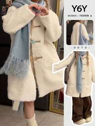 Y6Y 한국 스타일 여성 가을/겨울 2025 새로운 두꺼운 미디 길이 울 코트, 뿔 단추 포함