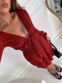 Vestido de Manga Longa com Cintura Franzida, Bainha em A-Line, Cor Sólida, Casual Boêmio para Férias, Festa, Outono/Inverno